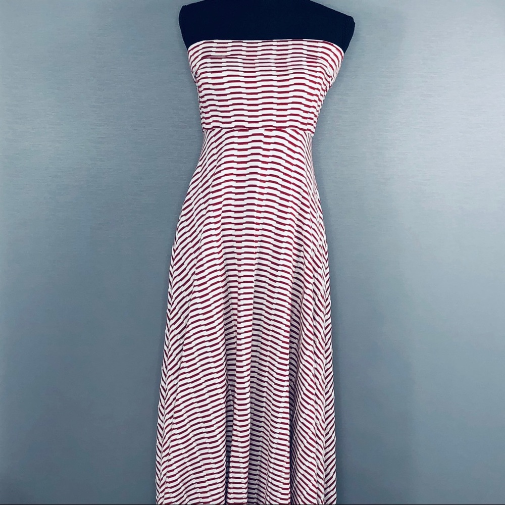 Maeve Anthropologie Caleta Red White Striped Strapless Midi Dress SZ M
